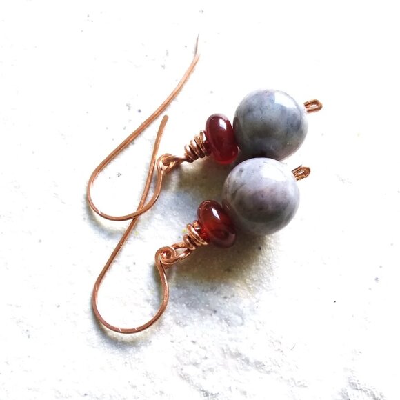 Misty Classy Elegance: Gray Stone & Russet Agate Copper Earrings! Handmade +OOAK - Picture 5 of 10